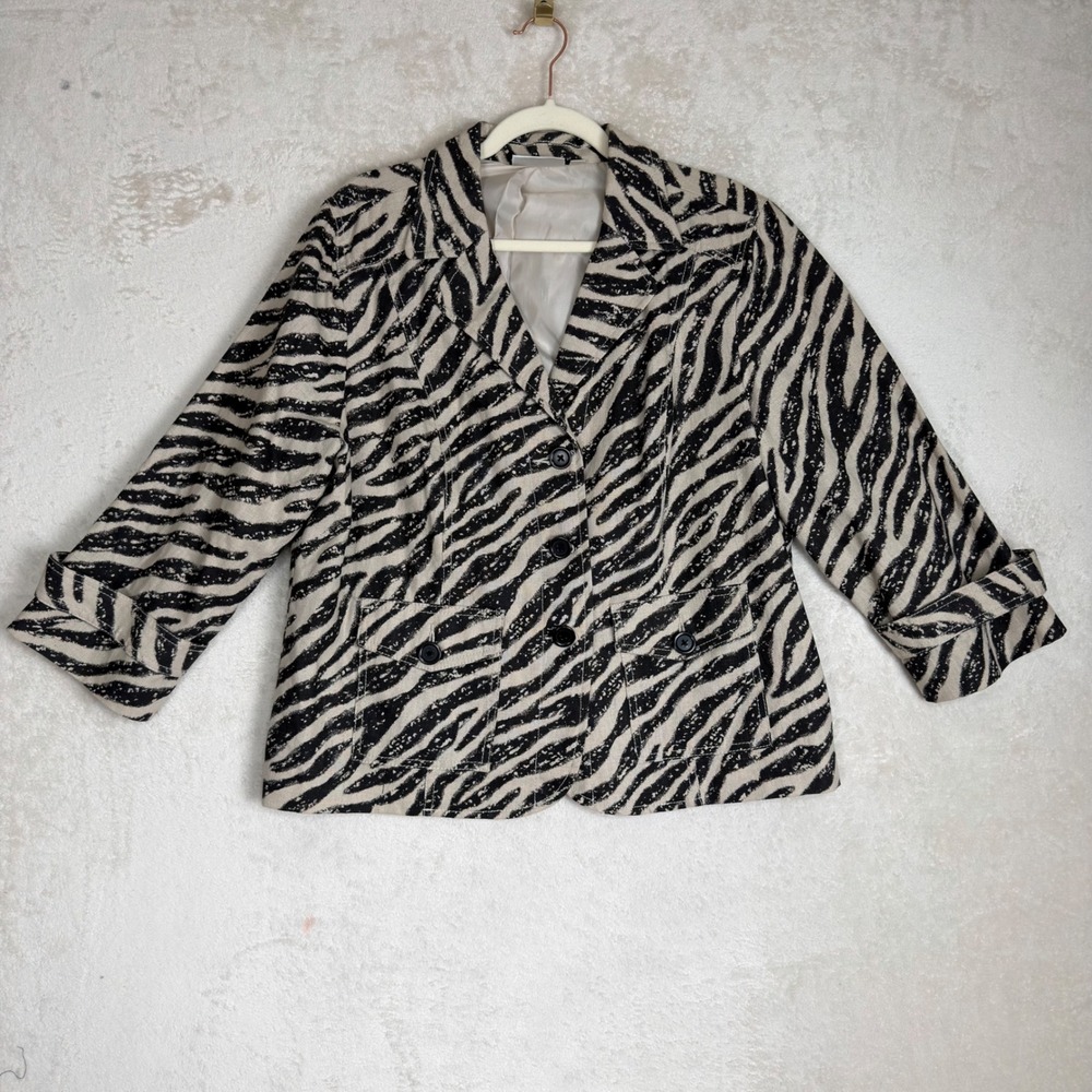 Linen Blend Zebra Pring Cropped Blazer Jacket Neutral Chic Old Money Size XL